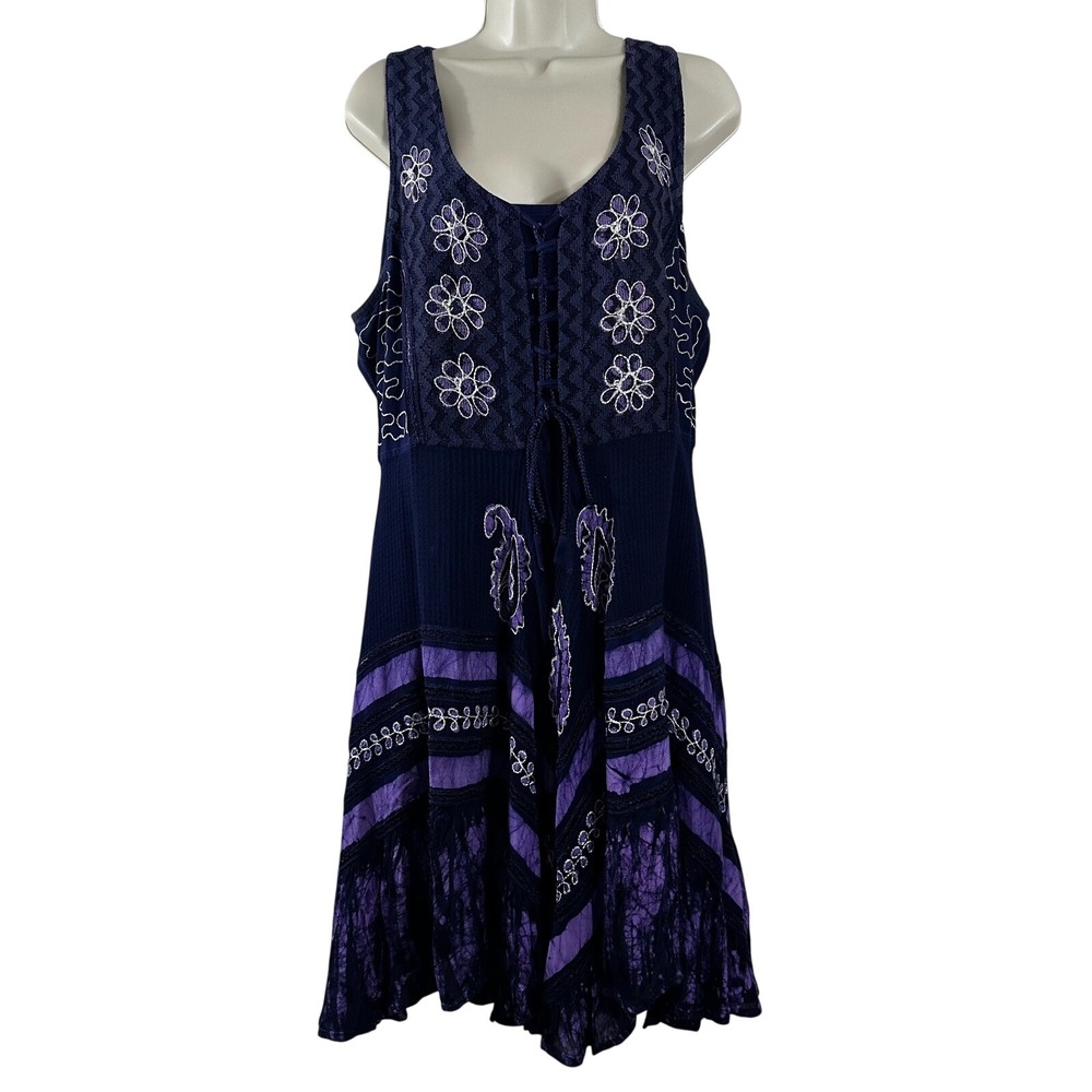 Flower Plus Size Navy Purple Boho‎ Floral Embroidered Batik Handkerchief Dress